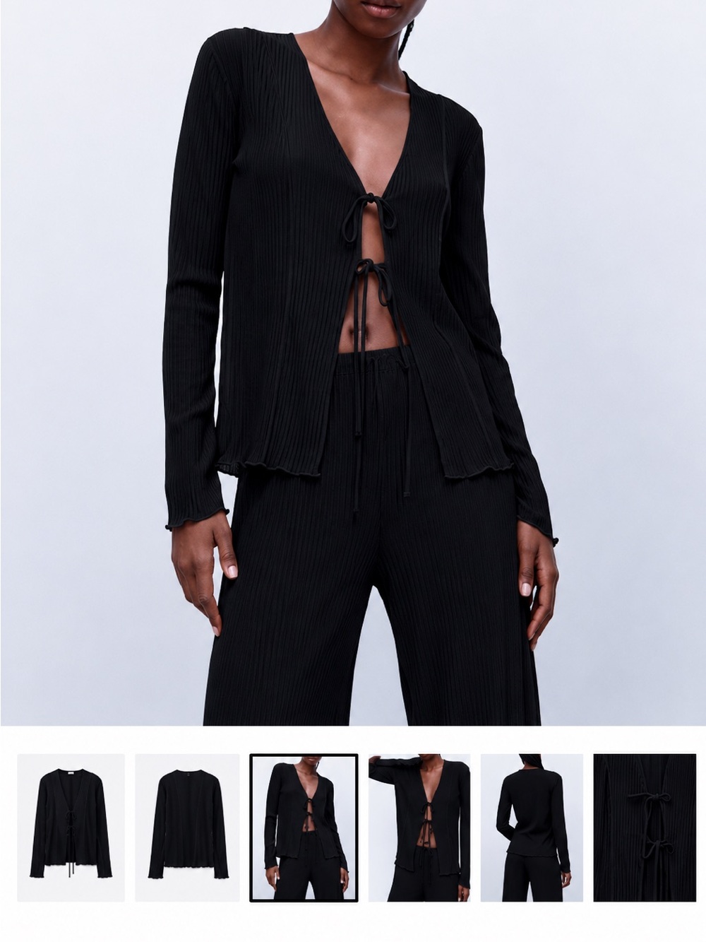 Zara BLACK Sheer Tie Front Pleated SET (Top and Trousers) - Large